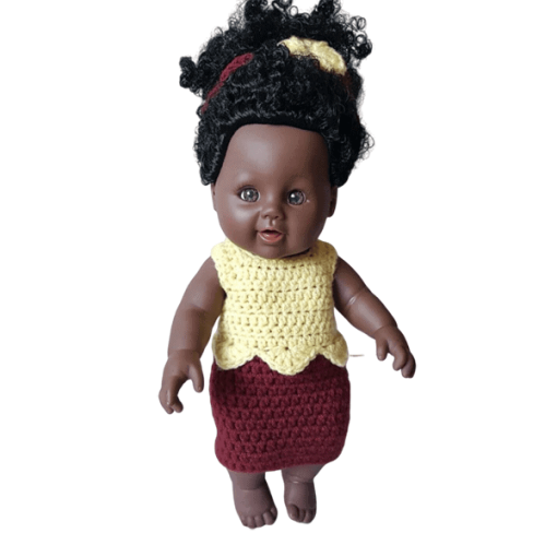 Afro Babypuppe in gestricktem Tube Dress.Gelb